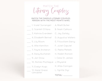 Book Club Literary Couples Game Printable, Book Club Matching Game, Book Theme Party, Book Couples Game, Book Club Match Game, Books, AWD-27