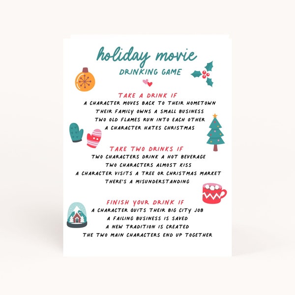 Romantic Christmas Movie Party Drinking Game Printable, Holiday Movie Game Printable, Romantic Holiday Movie Party Drinking Game, AWD-22