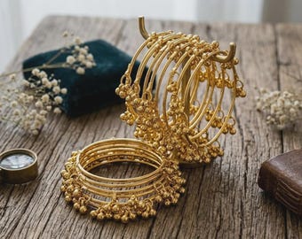 8pc Gold Tone Ghungroo Bangles – Traditional Kashmiri Jingle Bell Bracelets