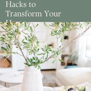 May include: An image shows a guide titled "10 Budget IKEA Hacks to Transform Your Home". A white textured vase contains branches with green leaves. The image includes a photo of a smiling woman and the text "HomeFixTips @homefixtips."