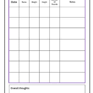 Può includere: Un tracker di sparring bianco con un bordo viola e testo nero. Il titolo "Sparring tracker" è in alto. Le colonne sono etichettate con "Data", "Nome", "Peso", "Altezza", "Numero di round" e "Note". Una sezione per "Pensieri generali:" è in basso.
