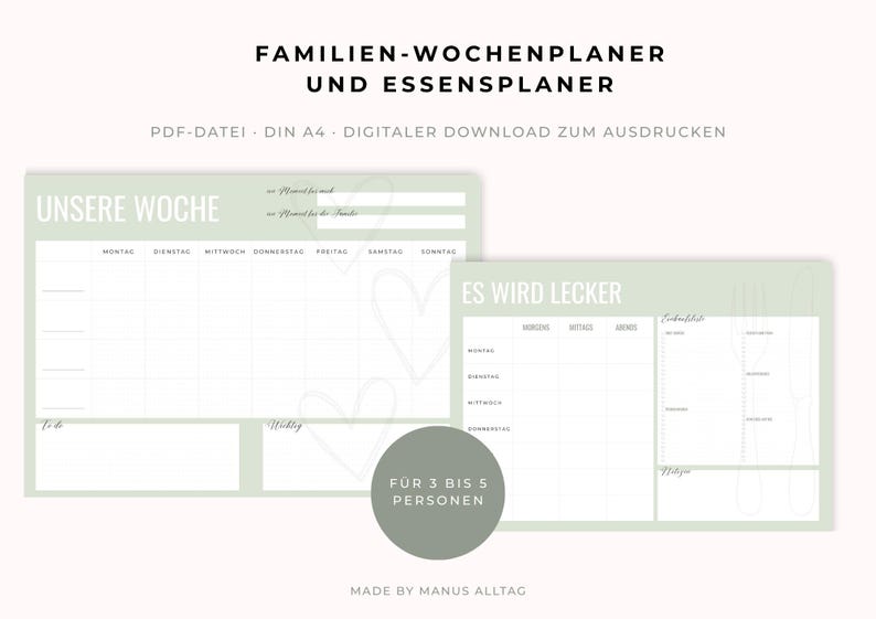 Familien Wochenplan A4 Printable | Familien Wochenplaner & Essensplan
