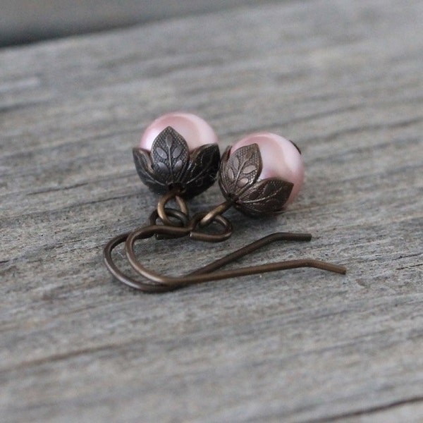 Pink Pearl Earrings: Powder Rose Swarovski Crystalized Element Drops with Brown Antiqued Brass, Vintage Inspired, Romantic Earrings