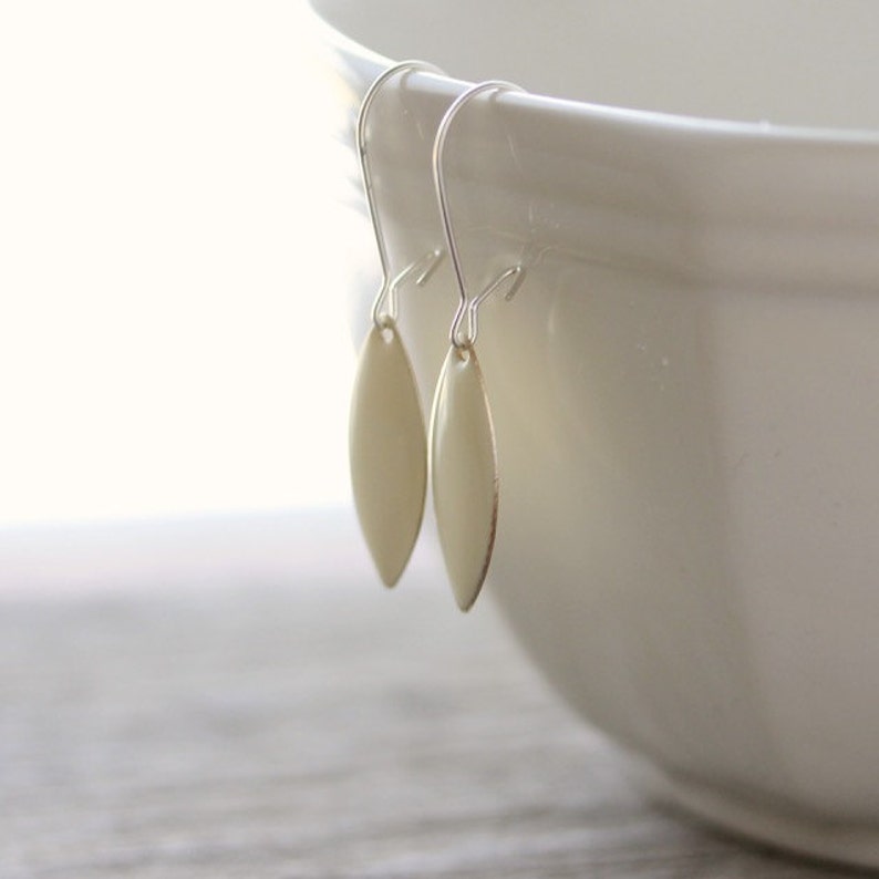 Cream Simple Earrings: Enameled Almond Marquise Shapes with Sterling Silver, Gifts Under 15 image 4