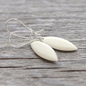 Cream Simple Earrings: Enameled Almond Marquise Shapes with Sterling Silver, Gifts Under 15 image 1