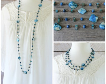 Long Bead Necklace: Blue Shells Boho Chic Jewelry, Layering Style, Antiqued Brass, Spring Fashion, Beach Jewelry