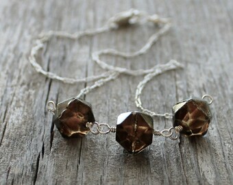 Bronze Geometric Necklace: Metallic Czech Glass Bead Trio, Sterling Silver, Minimalist Jewelry, Layering Necklace