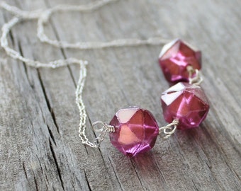 Hot Pink Geometric Necklace: Metallic Czech Glass Bead Trio, Sterling Silver, Minimalist Jewelry, Layering Necklace