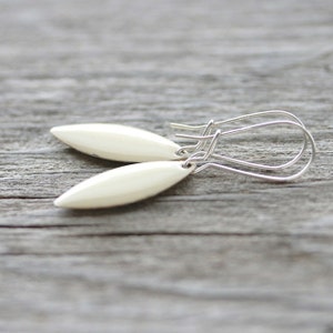 Cream Simple Earrings: Enameled Almond Marquise Shapes with Sterling Silver, Gifts Under 15 image 3