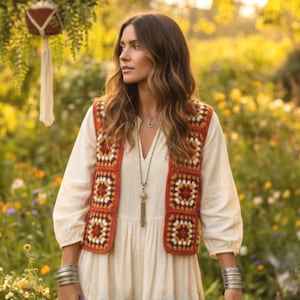Handmade Granny Square Vest, Boho Crochet Waistcoat, Retro Style Festival Top