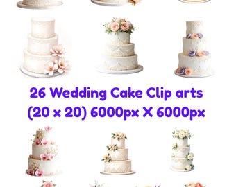 May include: A collection of 26 digital illustrations of multi-tiered wedding cakes decorated with various floral arrangements and lace patterns. The text 26 Wedding Cake Clip arts (20 x 20) 6000px X 6000px is displayed in the center of the image.
