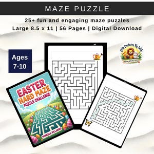 以下が含まれることがあります： 7～10歳向けの迷路パズルのデジタルダウンロード。画像には、イースターをテーマにしたものを含む、3つの迷路パズルのページが表示されています。パズルは21.6 x 27.9 cmで、56ページあります。「MAZE PUZZLE」と「25+ fun and engaging maze puzzles」と書かれています。