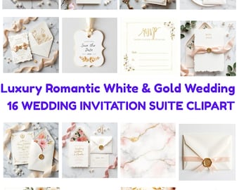 May include: A collection of sixteen wedding invitation suite digital graphics featuring white and gold color palettes, floral accents, wax seals, silk ribbons, and marble textures. The set includes various card designs, envelopes, and decorative elements.