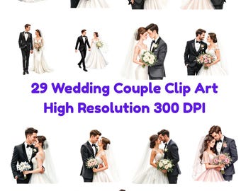 May include: A collection of 29 digital illustrations featuring wedding couples in various poses. Each image depicts a person in a black tuxedo and a person in a white wedding gown with a veil, holding bouquets of flowers. Text reads 29 Wedding Couple Clip Art High Resolution 300 DPI.