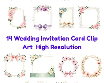 May include: A collection of 14 decorative frames and borders featuring floral accents, ribbons, and bows in various shapes and colors. The text 14 Wedding Invitation Card Clip Art High Resolution is centered in the middle of the image.