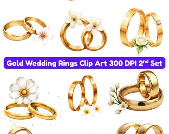 May include: A collection of gold wedding ring illustrations featuring various floral accents including daisies, white blossoms, and orchids. The set includes pairs of rings in different arrangements, some with single stones, labeled as Gold Wedding Rings Clip Art 300 DPI 2nd Set.