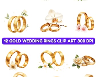 May include: A collection of 12 gold wedding rings clip art images featuring various pairs of rings adorned with white flowers, including orchids and blossoms, with the text 12 GOLD WEDDING RINGS CLIP ART 300 DPI displayed in a purple banner.