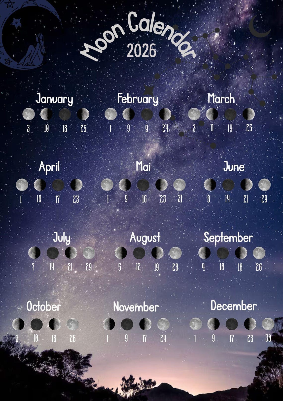 2026 Lunar Calendar Digital Download | Celestial Moon Phase Poster ...