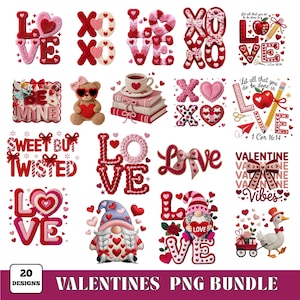 以下が含まれることがあります： バレンタインデーのPNGデザイン20点のコレクション。「LOVE」の文字を様々なスタイルで表現、ハート、ノーム、テディベア、「Be Mine」、「Sweet but Twisted」、「Valentine Vibes」のテキストが含まれています。