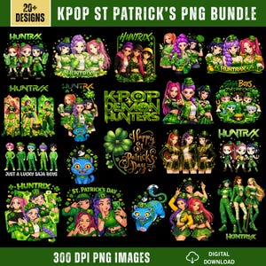 以下が含まれることがあります： K-POPと聖パトリックの日のテーマを組み合わせた、20以上のデザインを含むデジタルPNGバンドル。緑色の衣装を着たアニメ風のキャラクター、シャムロック、そして「KPOP Demon Hunters」や「Happy St. Patrick's Day」などのテキストが画像に含まれています。バンドルには300 DPIのPNG画像が含まれています。
