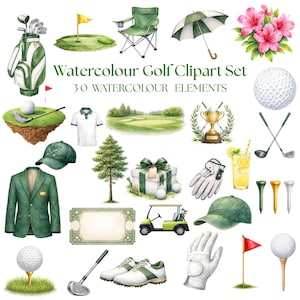Op de afbeelding: Watercolor golf clipart set met diverse elementen zoals golfballen, clubs, een golfkar, een groene jas, een pet en een golfbaan scène. De set bevat een golftas, een klapstoel, een paraplu en een geschenkdoos.