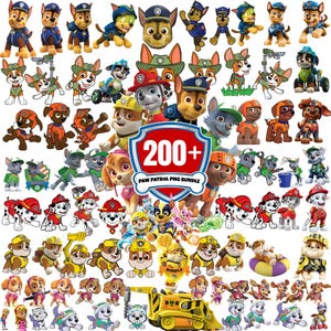 May include: A collection of over 200 Paw Patrol PNG images featuring various characters in different poses and outfits. The images include the main characters, vehicles, and accessories, all in vibrant colors.
