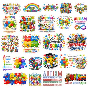 May include: A collection of colorful graphic designs with the word "AUTISM" and related phrases. Designs include puzzle pieces, hearts, rainbows, and encouraging messages like "It's ok to be different" and "Support Squad."