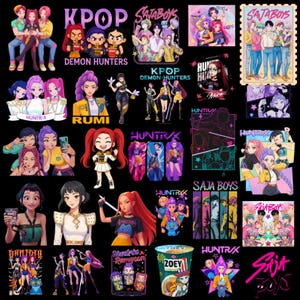 以下が含まれることがあります： KPOP DEMON HUNTERS、SAJABOYS、HUNTR/Xとラベル付けされたグループを含む、アニメスタイルのキャラクターを描いたデジタルイラストのコレクション。カラフルな髪、スタイリッシュな衣装、テキスト要素を持つ様々なキャラクターが描かれています。