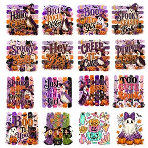 May include: A collection of sixteen Halloween-themed graphic designs featuring illustrations of geese in witch hats, ghosts, black cats, pumpkins, and bats. The designs include text such as Hallo Queen, Hocus Pocus Vibes, Boo To You, Spooky Season Babe, Spooky & Sweet, Hey Boo, Creep It Cute, Pumpkin Queen, Spooky Season Is My Favorite Season, Just A Witchy Girl, Pumpkin Kisses & Halloween Wishes, Too Cute To Spook, and Hocus Pocus Squad.