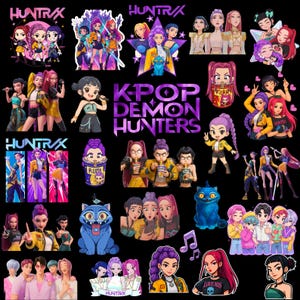 以下が含まれることがあります： K-POP DEMON HUNTERSのステッカーコレクション。アニメスタイルのキャラクター、カラフルな衣装を着たグループ、青い猫のような生き物、そしてK-POP DEMON HUNTERSとHUNTRAXというテキストが描かれています。