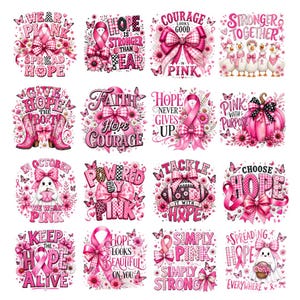 Op de afbeelding: Een verzameling van zestien vierkante grafische ontwerpen met roze borstkankerbewustzijnsthema's, waaronder roze linten, strikken, bloemen, vlinders, pompoenen, voetballen, cowboylaarzen en geesten met inspirerende teksten in diverse lettertypes.