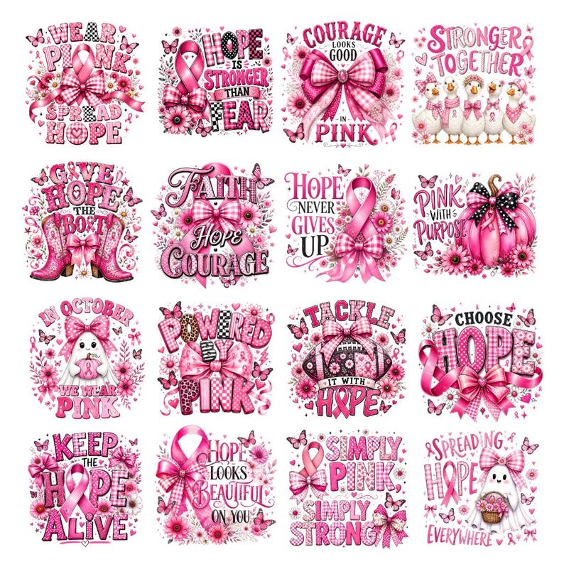 Op de afbeelding: Een verzameling van zestien vierkante grafische ontwerpen met roze borstkankerbewustzijnsthema's, waaronder roze linten, strikken, bloemen, vlinders, pompoenen, voetballen, cowboylaarzen en geesten met inspirerende teksten in diverse lettertypes.