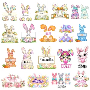 May include: A collection of colorful Easter-themed designs featuring bunnies with personalized name tags. The designs include bunny ears, bows, and eggs, with names like Lily, Sophia, and Mia. The overall theme is festive and suitable for Easter.