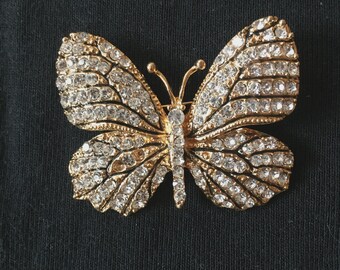 Gold Butterfly Brooch with Crystal Rhinestones, Elegant Statement Pin, Luxury Gift for Her, Classic Sparkling Jewelry