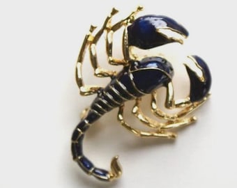 Gold Scorpion Brooch with Deep Blue Enamel, Zodiac Scorpio Pin, Statement Animal Jewelry, Gift for Her