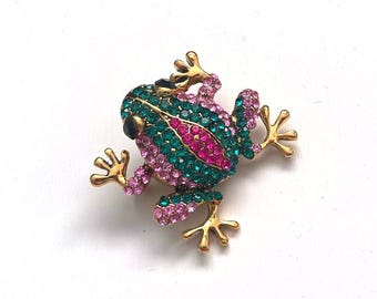 Vintage Frog Brooch Green Pink Rhinestone Gold Tone Statement Pin 4.5x4 cm Colorful Luxury Animal Jewelry Gift
