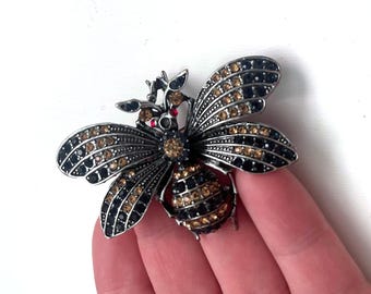 Vintage Bee Brooch Black Gold Rhinestone Statement Pin Large 6x4.5 cm Gothic Luxury Insect Jewelry Collectible Gift