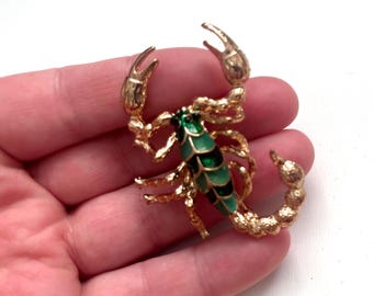 Vintage Scorpio Brooch Green Enamel Gold Tone Statement Pin Zodiac Jewelry Large 5x4 cm Collectible Gift for Her