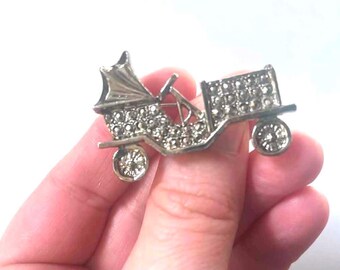 Vintage Jablonex Car Brooch – Czech Rhinestone Retro Automobile Pin on a card