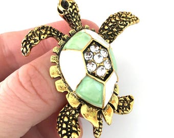 Gold Turtle Brooch with Green and White Enamel, Crystal Sea Turtle Pin, Statement Animal Jewelry, Luxury Gift for Her