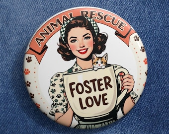 Animal Rescue Pin Badge, Foster Love Button, Vintage Cat Rescue