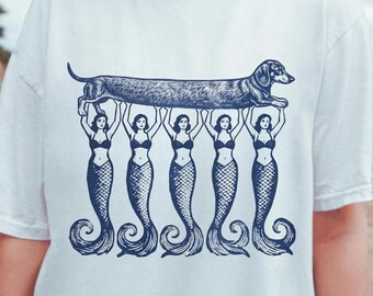 Dachshund Mermaid Comfort Colors Tee, Vintage Line Art Dog Lover Shirt