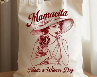 Mamacita Dachshund Canvas Tote Bag, Retro Wiener Dog Lover Accessory