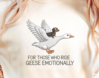 Funny Dachshund Tee, Wiener Dog Rides Flying Goose, DTG Printed Tshirt