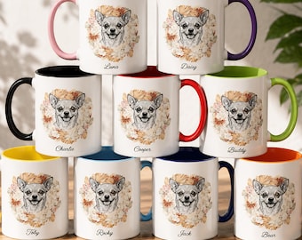 Custom Chihuahua Mug, Line Art portrait, Personalized Name, Color Handle