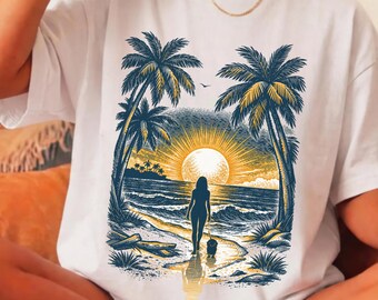 Dachshund Dog Walking Tee, Beach Sunset Graphic, Cotton Tshirt