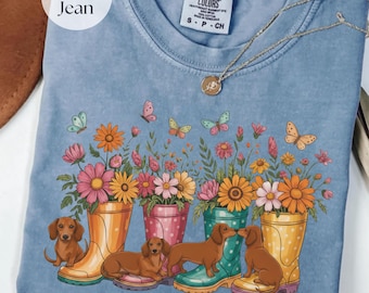 Floral Dachshund Lover Shirt, Garden Boots Tee, Plant Dog Mom Top