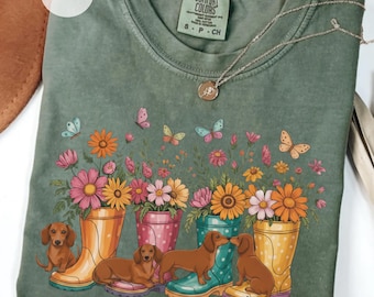 Floral Dachshund Lover Shirt, Garden Boots Tee, Plant Dog Mom Top