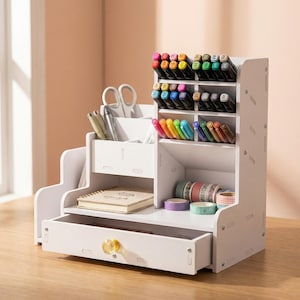 Puede incluir: Un organizador de escritorio de madera blanca con múltiples compartimentos y un cajón. Contiene bolígrafos, rotuladores, tijeras, un cuaderno y rollos de cinta decorativa. El cajón tiene un pomo amarillo transparente.