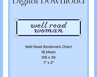 Needlepoint Bookmark Pattern Digital Download | Chart Canvas Reading Book Lover Literary Gift Woman Reader Needlework Project Beginner Craft